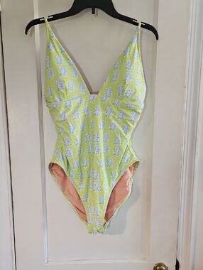 J.Crew Lime Green and White Floral One-Piece Swimsuit